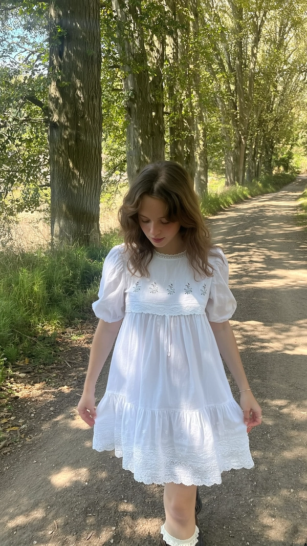 A tender, softly lit scene captured with casual iPhone charm, featuring a young woman strolling along a country dirt road lined by tall, leafy trees. She wears a dreamy white Jenny Fax cotton smock dress with gently gathered puff sleeves, delicate scalloped lace trim along the hem, and subtle floral embroidery near the neckline. Her soft curls frame a quietly introspective expression softened by minimal natural makeup. Knee-high boots peek playfully beneath the lightweight dress, paired with lace-trimmed socks adding a whimsical touch. Sunlight dapples through the leaves, casting gentle, diffused patterns that illuminate the airy textures of the cotton fabric and reveal the tender interplay of shadow and light on her serene figure. The natural dirt road and tall trees display textured bark and gently aged leaves, grounding the setting in quietly vintage pastoral charm. Framed at a slightly elevated and gently tilted angle, the composition invites a casual, intimate moment balancing refined femininity and rustic playfulness, perfecting Jenny Fax's wistful, delicate aesthetic.