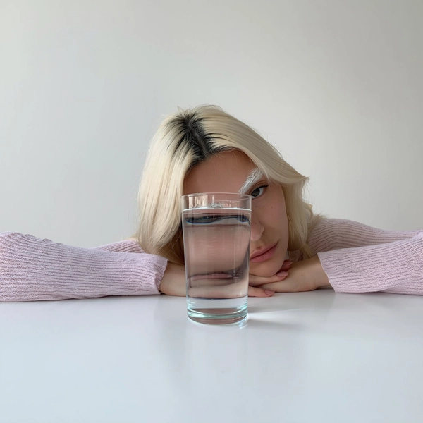 An intimate minimalist portrait of a platinum-blonde female model with bleached eyebrows, styled in a textural personalization approach with a soft light knit top subtly patterned with pale pink stripes, her makeup naturally understated to enhance neutral emotional expression. She rests her cheek gently on a pristine white minimalist tabletop, directly in front of her face positioned a transparent drinking glass completely filled with clear water lightly tinted with pale pink, fully covering the lower half of her face. The glass water produces surreal distortions, magnifying and warping her lips into bubble-like curved shapes. The background is a smooth blank sterile off-white hue with no distractions, emphasizing quiet surrealism. Soft natural daylight illuminates the scene authentically, rendering delicate reflections and subtle shadows that highlight skin textures, fine hair strands, and detailed knitwear fabric. The composition uses a casual frontal alignment and spontaneous slight cropping typical of candid iPhone photography, balancing surreal facial optical effects and intimate minimalism in a muted pastel-based color grading.