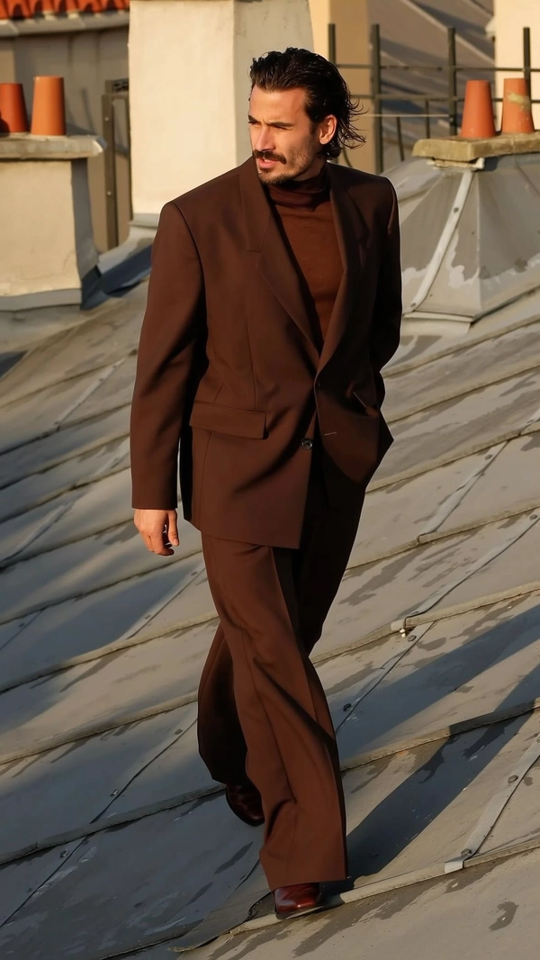 A candid iPhone-style image of a tall male with defined facial features and slicked-back hair casually walking down an old rooftop. He wears a rich chocolate brown structured suit layered over a soft turtleneck, paired with wide-legged trousers, with natural fabric textures clearly visible. The afternoon sunlight casts gentle, warm shadows enhancing the architectural weathering of the rooftop's surface. The composition is slightly tilted and unposed, capturing a spontaneous moment with natural skin details and soft hair reflections. The overall ambience and framing evoke the relaxed intimacy and genuine authenticity typical of iPhone photography.
