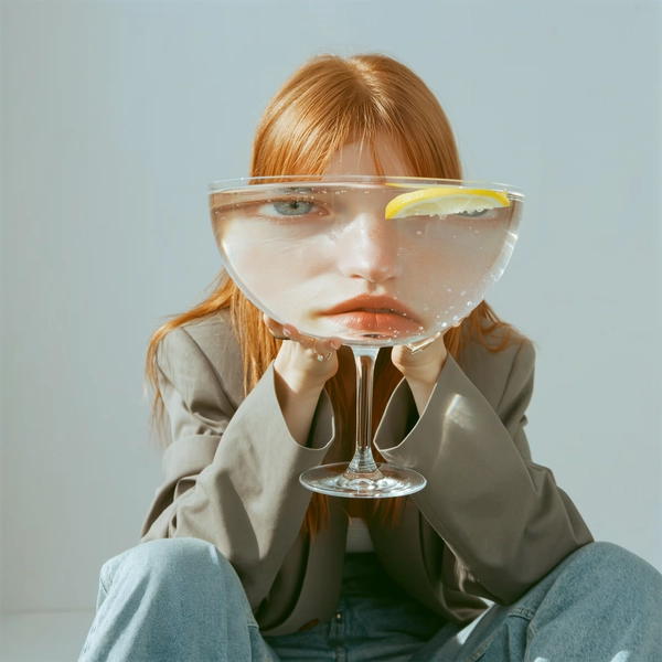 A surreal minimalist portrait of a red-haired person with a natural, subtle makeup and a neutral, introspective expression. They hold a wide transparent cocktail glass completely filled with clear water, ice cubes, and floating lemon slices, directly in front of and fully covering their face. The glass creates multiple refracted reflections distorting their facial features into the illusion of three eyes. The background is a smooth pale grey minimalistic surface, free of distractions, emphasizing the warped symmetry. Soft natural daylight gently illuminates the scene, highlighting realistic skin texture and delicate hair strands, while casting subtle shadows and reflections on the glass. The composition is casually framed with a spontaneous angle that centers the water-filled glass and the surreal distortion it creates. The subject wears a creatively adapted city-casual layered outfit featuring an oversized neutral-toned jacket over a simple top, paired with minimalist accessories and relaxed denim, conveying thoughtful originality without brand imitation. The muted, pastel-tinged color grading evokes intimate authenticity and visual tranquility, closely resembling a candid iPhone photograph.