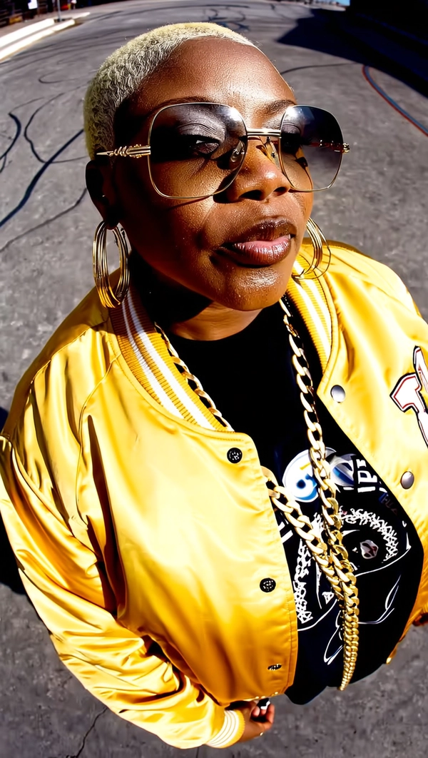 A wide shot of a Black female rapper with light bleached hair styled short and wavy, her natural skin texture visible with pores and fine lines across her nose and cheeks, captured in a middle close-up from a top-down wide-angle perspective. She wears a bright gold satin bomber jacket, glossy and unzipped over a black graphic tee, accessorized with oversized gold hoop earrings and a thick Cuban link necklace angled toward the lens. Her face is close and slightly off-center, with a confident gaze piercing above tinted oversized sunglasses, lips pressed firmly.

The background shows cracked urban concrete with subtle graffiti lines curving inward due to lens distortion. Strong top lighting creates reflective highlights across her jacket and jewelry, casting defined shadows beneath her jaw and along her collarbone. The wide-angle lens curves the edges of the scene, amplifying the dominant impression of her pose and accessories. A subtle grain effect adds texture, preserving the unfiltered skin detail, fabric sheen, and metallic gleam. early-2000s Y2K snapshot