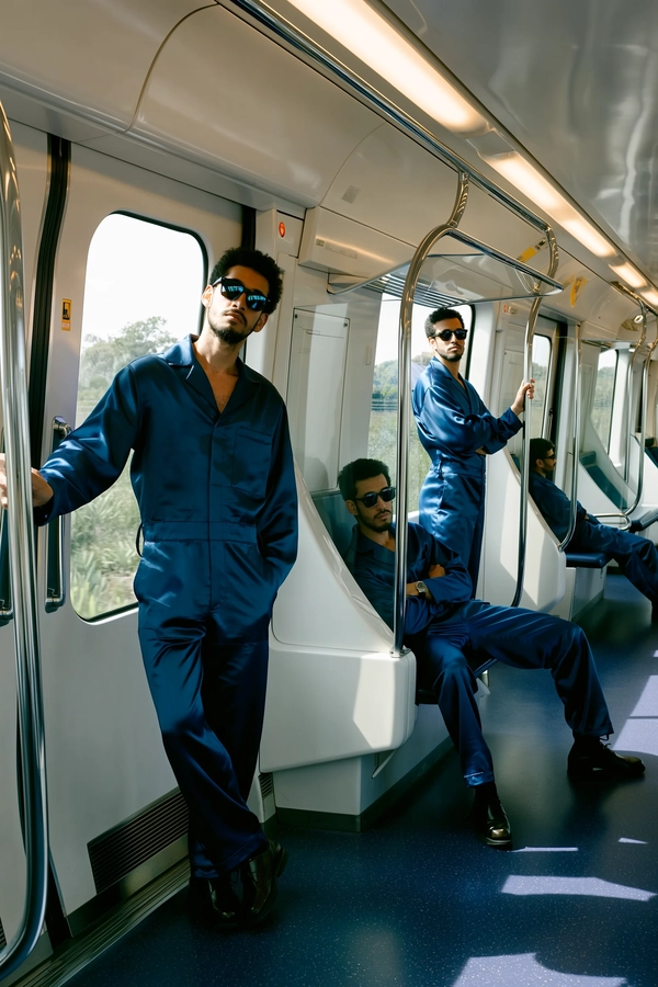 A surreal, candid snapshot depicting a man duplicated multiple times inside a futuristic train carriage characterized by smooth white walls and gleaming chrome handles. Each instance wears identical dark blue silk overalls that catch subtle reflections, complemented by sharp angular sunglasses. One figure leans casually into a chrome pole with relaxed posture, another sits stoically at the bench end with crossed legs, while a third stands motionless near the sliding door, gazing outward. Ambient natural light filters softly through the carriage windows, casting authentic shadows and highlighting detailed textures of the glossy silk fabric, skin pores, and hair strands. The composition uses creative framing with varied scales and angles—some figures appearing close and intimately detailed, others distant—enhancing surreal repetition and perspective. The entire image emulates spontaneous candidness typical of iPhone photography, blending realism with imaginative multiple presences and a subtly futuristic atmosphere.