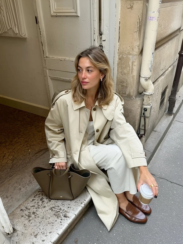 A casually candid iPhone-styled photo capturing a solo woman seated on a narrow, slightly worn Parisian stone stair beside an aged textured doorway. She wears a refined beige trench coat from Totême layered over subtle soft tailoring from COS, paired with sleek brown leather loafers, exemplifying minimalist sophistication. One relaxed hand rests gently on a structured Polène handbag placed softly beside her, showing visible leather grain and soft creases, while the other hand holds a clear takeaway coffee cup with subtle condensation and authentic translucency. Her medium-length hair is effortlessly styled in loose waves, strands softly framing her calm, neutral expression gazing quietly across the cobblestone street. The ambient natural daylight softly diffuses across the scene, casting gentle shadows and subtle highlights that reveal fine skin texture and delicate fabric wrinkles. The informal composition is slightly tilted with the woman positioned off-center, capturing an intuitive, unposed moment filled with authentic urban Parisian charm, perfectly emulating genuine candid iPhone street photography.