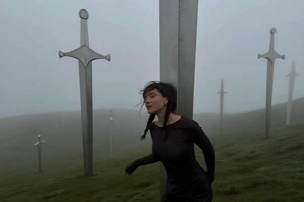 A candidly captured, muted-toned iPhone photograph of a woman with gently braided hair climbing one of the enormous vertically embedded metallic swords on a softly sloping hillside. Her naturally textured hair is slightly tousled from the climb, and her face, showing subtle reflective calm and minimal natural makeup, reveals real skin details under diffuse, fog-filtered daylight. She wears a fitted dark, long-sleeved top that flows minimally with her movement. The mist-shrouded background reveals other monumental swords piercing softly rolling grassy slopes fading into a haze. The composition is casually framed with a slightly upward angle and off-center alignment, emphasizing the surreal scale contrast between her intimate human form and the immense sword. The atmospheric setting features thick fog, soft shadows, and a quiet melancholy mood consistent with spontaneous iPhone photography blending cinematic discomfort and surreal grandeur.