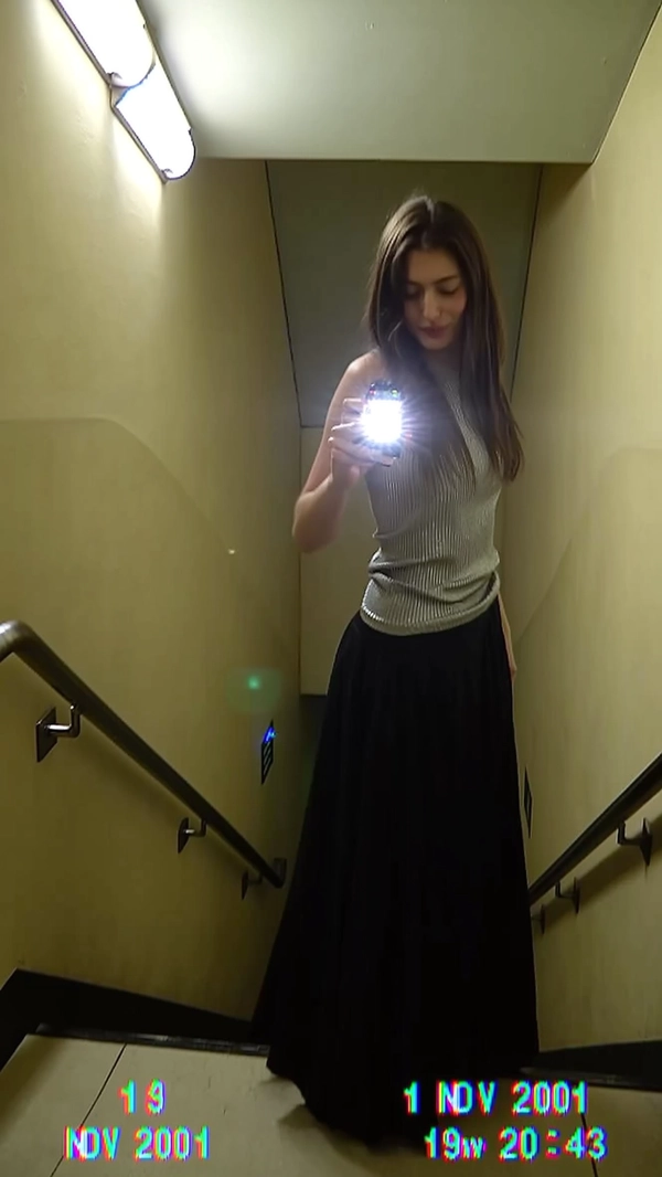 A quick flash bursts from the handheld camera as she stands firm at the stairwell’s mouth, the long black skirt flowing against beige walls shaded in dim, flickering fluorescent light. Her ribbed tank top seems almost to shimmer in the wobble of the image, edges softened by the CCD noise speckles that dance with every pixelated flicker. The framing tilts just slightly off-angle, giving the scene a restless energy, while the shadowy stairwell yawn behind her in muted tones. Across the corner, a jagged “12 NOV 2001  19:43” timestamp blips alongside a low battery icon, pixel fringing haunting the edges. The photo quality suggests a slightly grainy or low-resolution digital look, capturing a candid moment.—early-2000s digicam snapshot, grainy low-res quality