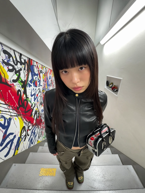 A stylishly original wide-angle iPhone photograph portrays a young woman with precision-cut sharp bangs captured mid-stride on a modern angular staircase inside an artistic stairwell. She looks up naturally and directly at the camera with a relaxed, neutral expression. Her outfit creatively references a laser-cut black leather jacket reimagined as a sleek cropped outerwear piece with subtle perforations, paired with uniquely designed wide-leg cargo pants in a deep olive tone featuring distinct pocket placements and soft matte fabric textures. On her feet are chunky platform sneakers with an original silhouette mixing muted urban colors and contrasting soles. She carries a compact, cleverly shaped handbag inspired by playful beverage can forms rendered in a matte finish and subtle sporty accents. The stairwell surrounding her bursts with overwhelmingly chaotic brushstroke patterns in bold, abstract colors and oversized, softly textured typographic quotes rendered in contrasting hues, creating a dynamic, visually rich environment. Natural soft daylight filters from above producing realistic, diffused shadows on wall imperfections and fabric textures. The photo composition exhibits pronounced wide-angle distortion with an elevated framing that accentuates the disproportionately larger upper body and facial features aligned centrally. Hair strands are crisply detailed, skin surfaces softly textured and natural, and the overall scene embraces spontaneous, candid wide-angle iPhone photographic style indicative of urban artistic exploration.