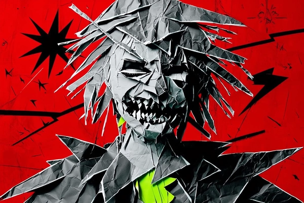 The woman’s face and upper body are crafted entirely from jagged, torn paper fragments, layered and misaligned to create a disquieting hip hop aura. Her eyes overlap irregularly, one heavily shadowed and elongated while the other fractures into sharp, duplicated segments. Her lips tear into a grim sneer, one side lifted unnaturally higher, with folds and cuts revealing jagged black gaps beneath. Her hair sticks out in torn strips of crumpled paper, sharply cut and pasted haphazardly, hinting at rebellious dreadlocks. Her clothing is layered from harsh, angular paper shapes in dark shadows and bright neon hues reminiscent of streetwear, misaligned and fragmented across her shoulders and chest.

Set against a stark, bloody red background peppered with black vector scratches, abstract stars, and jagged lightning bolts, the scene explodes with chaotic energy. Harsh, flat lighting casts graphic shadows that exaggerate every fold, tear, and pasted seam, eliminating all depth or realism. The collage surfaces ripple with visible creases, rough edges, and overlapping layer shadows, producing a raw, aggressively textured, unsettling yet powerful portrait that fuses hip hop attitude with surrealistic paper distortion.