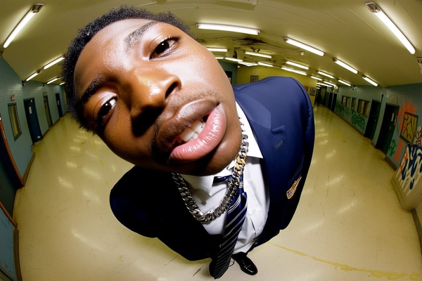 A wide shot of a young Black man with medium brown skin, natural skin texture visible on his nose, cheeks, and forehead, and short cropped hair, captured in a middle close-up from a top-down wide-angle perspective. He wears an oversized navy blue school blazer with a visible school emblem patch on the chest, a loose white dress shirt untucked, and a loosened striped tie hanging at his collar. A thick silver chain glints around his neck, and his expression is confident and confrontational, lips slightly parted as he leans forward toward the lens with a relaxed slouch. His face and chain are distorted and enlarged by the lens’s curvature, pushing them as dominant visual features in the frame.

He stands in a worn school hallway with scuffed linoleum floors and graffiti on walls drawn into a curve by the fisheye effect. Overhead fluorescent lighting casts harsh shadows beneath his jaw and across his uniform's creases and folds, intensifying the glossy sheen of the blazer and his polished black dress shoes. The wide-angle composition curves the hallway behind him inward, isolating the subject and heightening the sense of urban grit. A subtle grain overlay emphasizes visible pores, fabric texture, and reflective surfaces, preserving photographic realism and Y2K authenticity. early-2000s Y2K snapshot