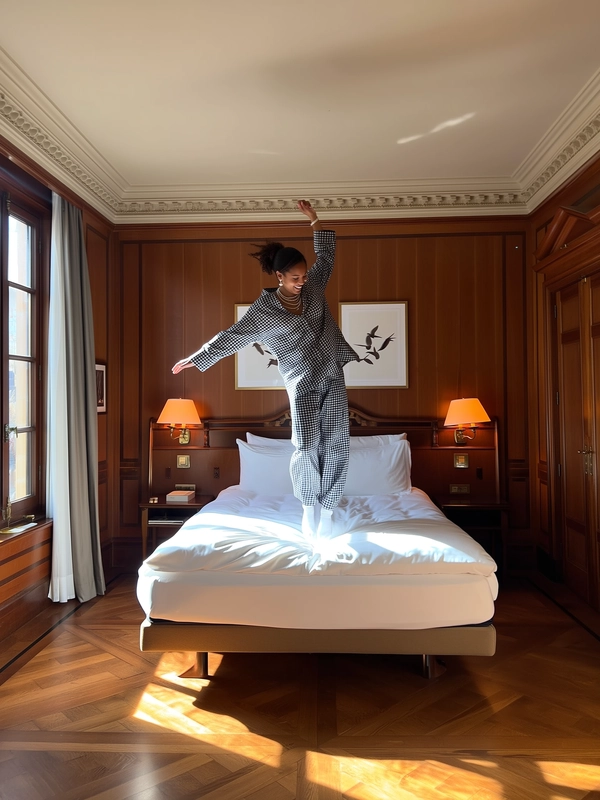 Clad in a perfectly cinched checkered set, she hovers mid-jump above a crisply made bed, white socks catching the soft glow of late morning sun slipping through side windows. The room’s vintage charm surrounds her—heavy wood-paneled walls and ornate crown moldings cradle the bed framed by twin mid-century lamps casting amber pools. Minimalist bird prints hang serenely above the headboard, contrasting with her joyful bounce. Her layered pearl necklace and earrings flash with delicate glints amid the fluid motion, marrying timeless elegance with spontaneous delight. Golden light dapples the polished floorboards while sensor grain hums softly, lending tactile warmth to the scene. The frame’s tilt and slight hand-shake evoke a blend of Wes Anderson symmetry and casual TikTok whimsy, capturing an intimate snapshot of slow-morning glamour in a historic hotel sanctuary. —leisure-suite snapshot, shot on iPhone