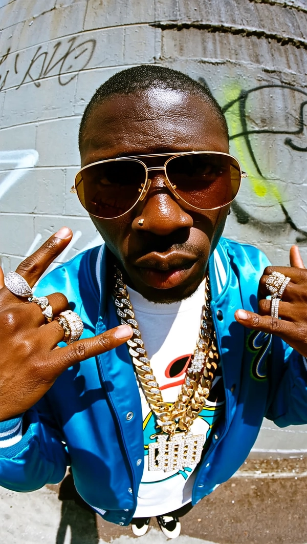 A wide shot of a Black man with deep brown skin, pronounced pore texture visible on his cheeks, nose, and forehead, and short cropped hair, captured in a middle close-up from a top-down wide-angle perspective. He wears a vibrant electric blue satin bomber jacket over a white graphic tee, with thick gold Cuban link chains and a diamond pendant prominently held toward the lens, making them appear oversized due to lens distortion. His face is slightly off-center, lips pressed firmly, with piercing eyes gazing upward above large tinted aviator sunglasses.

He stands against a cracked urban concrete wall with faded graffiti, sunlight casting crisp shadows beneath his chin and over the folds of his jacket. The wide-angle lens subtly curves the background lines inward, emphasizing his imposing posture and making his hands and jewelry dominate the frame. A fine grain overlay preserves natural skin texture, fabric details, and metal gleam with editorial clarity, manifesting early-2000s Y2K snapshot.