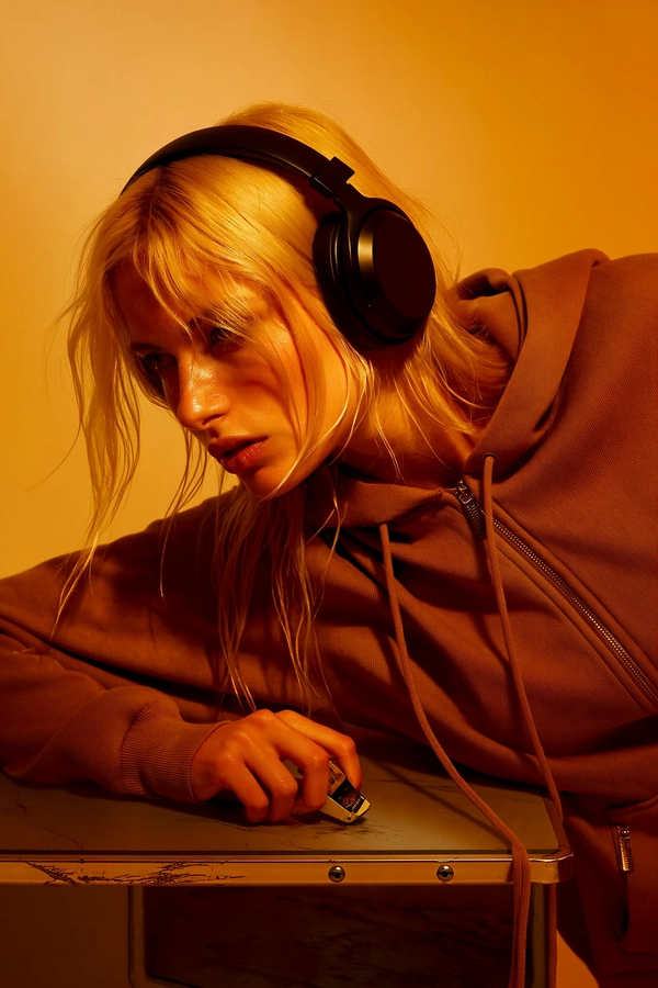 Sun-washed amber leaks through a honey-hued seamless, casting long, dust-moted shafts that skitter across the copper threads of a sculptural adidas hoodie reworked in heavyweight terrycloth with matte-finished zippers. A lithe blonde model slouches in a poised inertia, her head tilted sideways onto a scratched lacquered desk, the large, matte-black headphones cocooning her ears like a monolith—and nestled in her palm, a sculptural miniature MP3 player cradled as a treasured talisman. Her hair, tousled and damp with subtle oils, spills with soft waves that frame a face luminous under soft-focus key light with hints of warm sepia. Skin pores and fine vellus hairs are rendered in unflinching close-up, the weave of the fabric swelling against the curve of her shoulder, capturing tactile intimacy. A tilted handheld vantage point at eye height compresses the frame vertically; selective grain overlays the digital base, recalling a weathered surveillance capture freed from its anonymity through poised editorial grace. The chiaroscuro blend of gentle fill and a muted rim throw shadows that dance across the desk's subtle scars, while the overall palette suffuses nostalgia with a cinematic amber glow, enhanced by a subtle analog film emulation that exalts the essential textures without sacrifice.

—high-fashion editorial, hyper-real texture fidelity