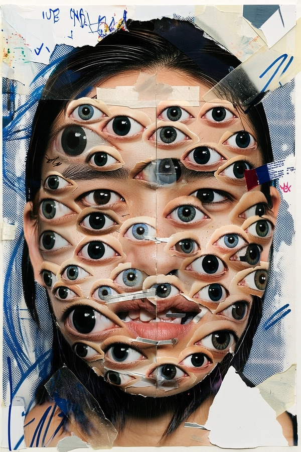 The subject's face is completely obscured by countless eyes—some duplicated, rotated sideways, others layered over the cheeks, forehead, and jaw. These eyes vary in scale and orientation, overlapping in a disordered mosaic that fractures the natural planes of the face. Paper tears visibly separate each eye cluster, with scotch tape strips and rough cut edges reinforcing the collage’s handcrafted assembly. The nose and mouth peek through faintly beneath this ocular chaos, distorted and partially concealed by the layered eyes. 

Her skin shows detailed pores, slight blemishes, and natural shading under the scattered eyes, preserving raw realism. Her cropped hair is roughly cut with visible paper grain edges, set against a scattered xerox-style halftone backdrop punctuated by scribbles and torn paper fragments. The entire portrait reads as a tactile, DIY zine page—fragmented, expressive, and firmly analog in nature.