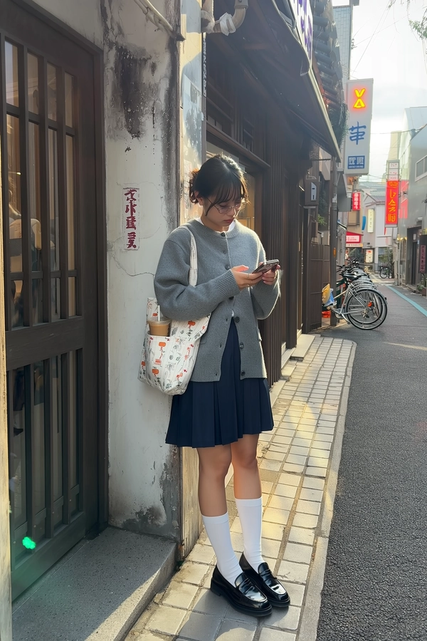 Late afternoon shadows linger softly as a young woman leans gently against a weathered soba shop entrance in a tucked-away alleyway. She wears an oversized grey cardigan draped loosely over a navy pleated school-style skirt, her tall white socks and glossy black loafers resting on cracked tiled pavement. Her hair is clipped back casually, wisps framing slender glasses as she intently glances down at a vintage flip phone cradled in one hand. Across her shoulder hangs a canvas tote bag patterned with subtle graphics, a cozy warm drink nestled in its side pocket catching dim kanji sign glow above. Narrow sidewalks buzz quietly with parked bicycles by faded storefronts, textured urban grit beneath her feet. The scene is caught slightly off-center from a hip-level iPhone snap, gentle lens flare from distant neon bloom blending with shadows, the natural tilt and mild shake evoking spontaneous city rhythm—Tokyo street snap, shot on iPhone
