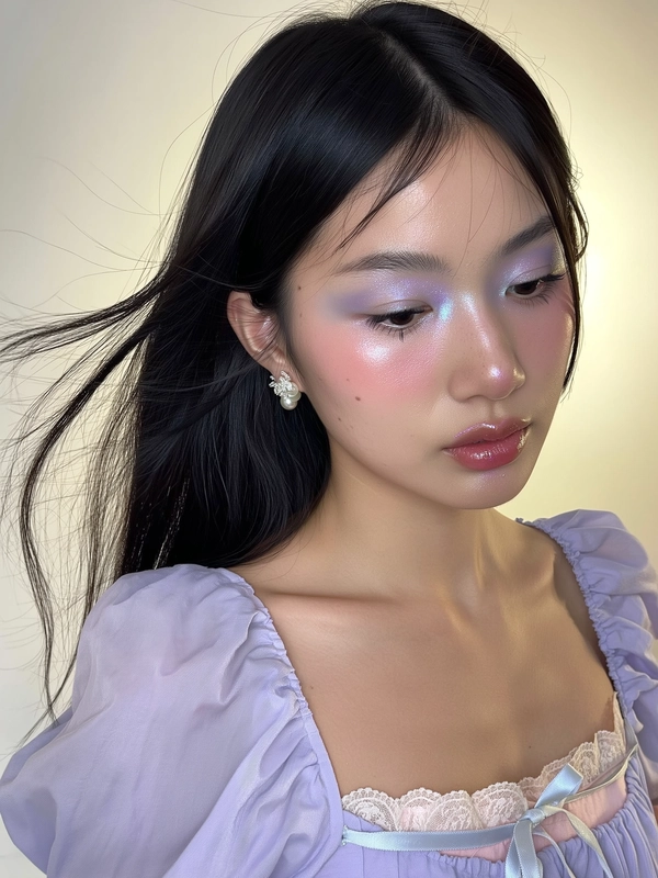 A close-up iPhone-style portrait of a young East Asian woman with long, straight black hair softly framing her face, some natural flyaways visible. Her skin has a dewy, glass-like finish with visible pores and a gentle luminescent glow across her cheeks, nose, and forehead. She wears pastel purple and silver gradient eyeshadow softly blended across her lids, with subtle shimmer catching the light. Her natural lashes are lightly defined without heavy mascara, and her eyebrows are natural black, brushed upward and softly arched. Her lips are coated with a subtle, translucent gloss in a soft pink tone that reflects ambient light. She wears delicate pearl earrings that add a touch of vintage femininity. The photo is taken indoors with soft studio lighting that creates an airy, gentle atmosphere with natural shadows and luminous highlights on her face and collarbones. The framing is tight, from just above her head to below her collarbones, captured at a slightly off-center angle that suggests a candid moment. She wears a puff-sleeve blouse in pale lavender with lace collar details and a small pastel ribbon tied at the neckline, with sheer, softly textured fabric layers subtly visible. The background is softly blurred in pastel cream and light lavender shades, evoking a minimal, dreamy setting. Fine details like individual hair strands, skin texture, fabric weave, and light reflections on the pearls and gloss are crisply visible, creating a tactile, natural realism typical of high-quality iPhone portraits.