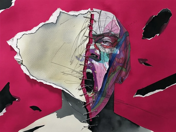 The character's face is split into two sharply contrasting halves assembled from torn paper fragments: one side crafted from textured, rough watercolor paper with visible paper grain, edges curled and stained with faint watercolor washes, the other half a flat, glossy paper fragment featuring a warped, hyper-realistic portrait distorted by overlapping ink drips and pencil scribbles. Bold staples visibly line the jagged seam where these two mismatched halves are pasted together, creating violent tension. The skin surfaces on both sides are fragmented and misaligned, with pencil lines tracing shadows and ink smears bleeding across the boundary, adding a raw, messy energy. Their neck and shoulders fragment into layered cutouts, folding unevenly as though stitched from conflicting papers.

This figure dominates a vivid, flat crimson background layered with scattered ink blot cutouts and loose pencil strokes that float abstractly nearby. Harsh, directional lighting casts graphic paper-curl shadows and stark highlight blocks across the collage, isolating each torn edge and emphasizing the artificial assembly. No depth or natural blending exists; instead, the image feels like a tactile, aggressively hand-crafted zine page, brutally graphic and emotionally fractured.