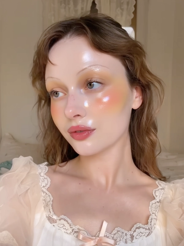 A close-up iPhone-style portrait of a young woman with flawless porcelain skin featuring a natural dewy glow and glowing peach undertones. Her ultra-highlighted cheekbones catch the soft natural daylight blending gently with subtle iPhone flash, creating authentic light reflections and shadows that emphasize her delicate face contours. She wears babydoll-style makeup with heavy pink blush softly extending across her cheeks and just beneath her eyes, shimmering pastel eyeshadow in peach and soft apricot tones, and glossy soft pink lips with a tactile shine. Her eyebrows are natural light brown, gently brushed upward for a soft frame to her face. Her hair is worn loose with natural texture and subtle flyaways, softly lit and slightly tousled for a casual, effortless look. The shot is tightly framed from just above her head to below her collarbones, showing softly lit shoulders with a hint of a sheer pastel peach puff-sleeve blouse featuring delicate lace trim and a small ribbon bow at the collar. The background is softly blurred in warm creamy pastel hues, suggesting a subtle indoor setting with delicate curtains or bedding. The composition feels spontaneous and intimate, with a slight casual tilt and the model's relaxed, half-lidded gaze directed just off-camera. Fine textures like visible pores, individual hair strands, fabric weave, and skin sheen are clear, capturing a believable, natural, and emotionally genuine moment.