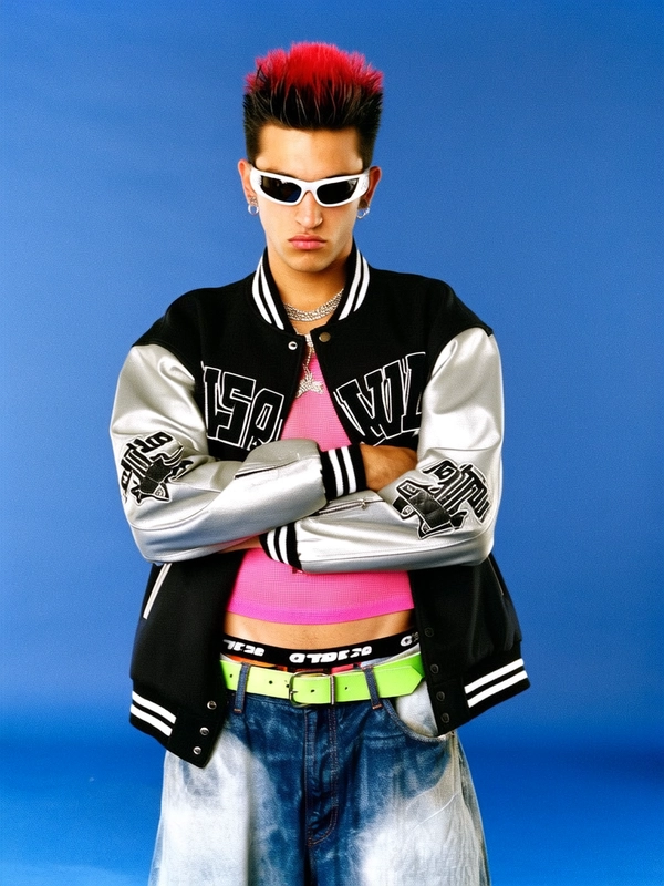 He’s framed in a medium close-up against a matte electric blue studio backdrop, standing with squared shoulders and arms crossed like he’s guarding some unspoken secret. He’s wearing an oversized black varsity jacket with silver leather sleeves and white block lettering stitched across the back, unzipped to flash a bubblegum pink mesh tank clinging tight to his torso. His low-rise wide-leg jeans are distressed denim with bleach splashes and a neon green grommet belt slung low, revealing a thick black waistband stamped with bold white text. His hair is dyed a blazing cherry red, spiked high with visible dark roots and styled to look like flames licking the edges of his head. On his face, plastic white wraparound sunglasses are pushed halfway down his nose, while layered silver chains clink softly at his collarbone. His gaze is apathetic, and his lips press flat—he owns the shot with a cool, confrontational stance. The grainy softness of the digital capture lends a tactile authenticity to the Y2K vibe.
—casual candid early-2000s Y2K snapshot, grainy softness