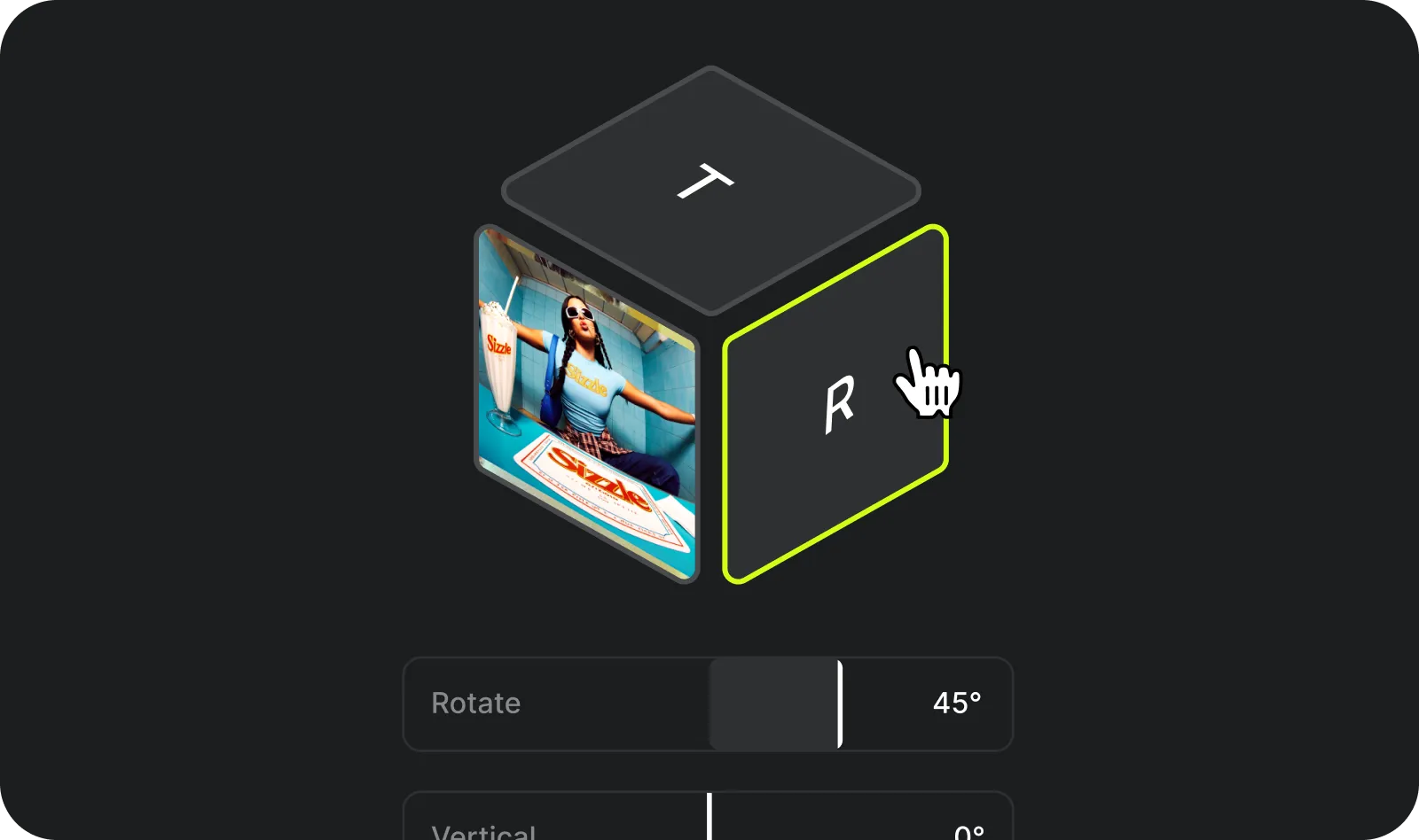 Set desired angles: Use the interactive cube to visually pick a new perspective, or use the sliders to manually adjust the rotation, vertical tilt, and zoom.