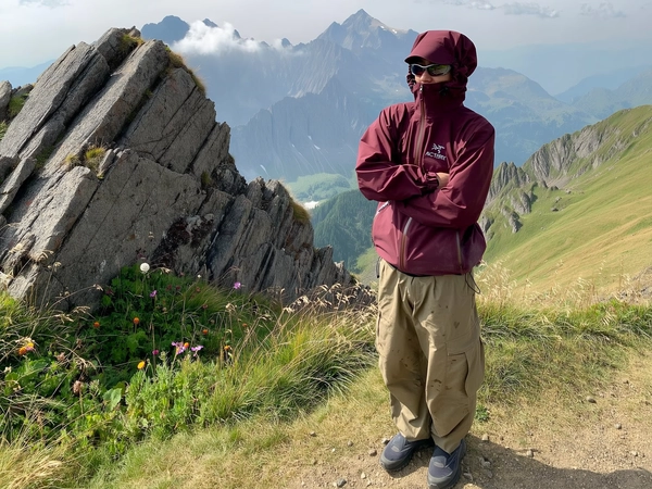 A casually captured spontaneous iPhone photograph featuring an individual standing relaxed with arms gently crossed on a lightly grassy alpine slope beside rugged rocky formations. The subject wears a burgundy windbreaker jacket with an Arc'teryx logo, elastic cuffs, and a full-length zipper, crafted from durable water-resistant fabric realistically creased and subtly weathered with slight dirt marks. Loose, khaki cargo pants provide a comfortable fit, textured with natural creases and faint soil traces near the hems. Chunky dark gray sneakers with thick soles add a modern technical vibe. The jacket hood is casually pulled up, slightly shadowing their neutral, slightly obscured face, while sleek realistic sunglasses reflect the soft diffused mountain light. Ambient natural daylight is slightly overcast, casting gentle shadows on the uneven terrain of grassy wildflowers and rugged rocks. The framing holds a casual, slightly tilted angle, enhancing the authentic spontaneity and candid intimacy typical of trendy outdoor gorpcore iPhone photography. The background showcases distant jagged mountain ridges partially veiled in mist and low-hanging cloud layers, emphasizing pristine alpine wilderness and rugged outdoor adventure stylistics. Textural authenticity is prioritized with visible fabric textures, subtle weathering of shoes, natural grass details, and reflective sunglass lenses, reinforcing a highly believable, stylish technical outdoor aesthetic.