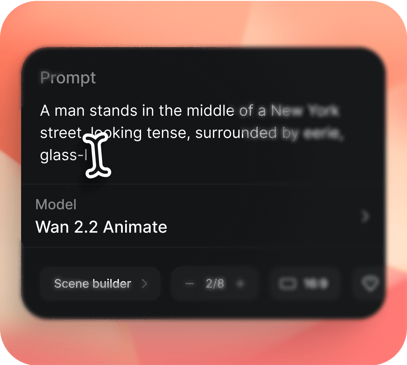 Text prompt entered into Wan 2.2 Animate AI video generator: a man standing tense in a New York street surrounded by eerie glass-like figures.